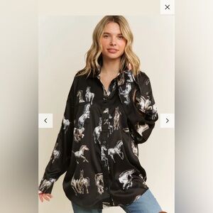 Mazik Black Horse Print metal snap Shirt